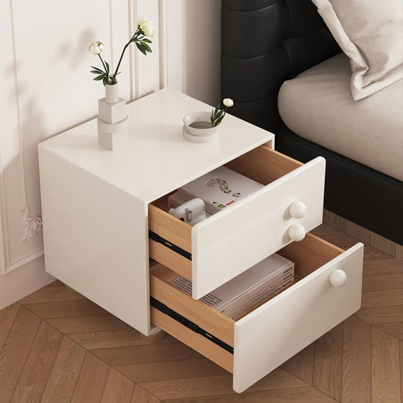 Contemporary Glossy Cream Wooden 2-Drawer Nightstand