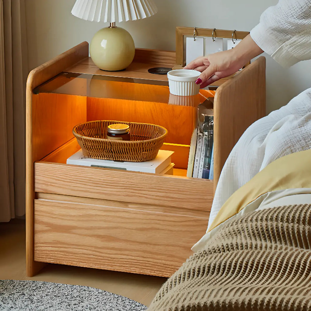 Durable Cherry Wood Storage Nightstand with Bulti-in Lighting
