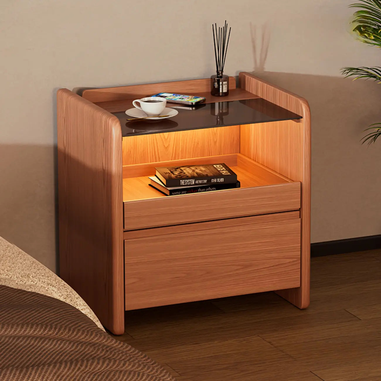 Durable Cherry Wood Storage Nightstand with Bulti-in Lighting