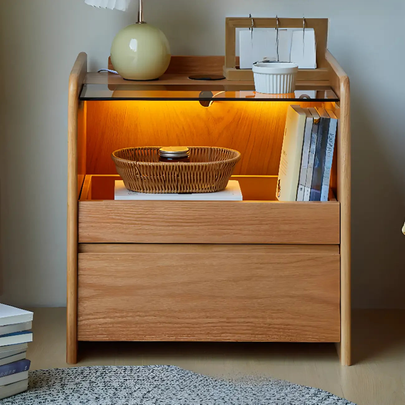 Durable Cherry Wood Storage Nightstand with Bulti-in Lighting