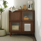 Brown Pine Wood Rectangle 4 Cabinet with Glass Doors