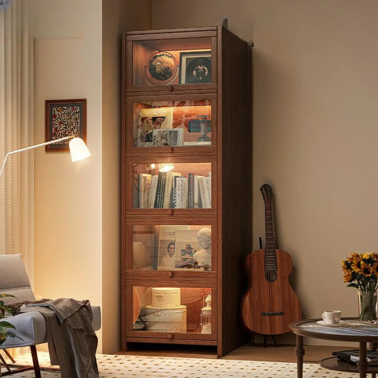 Contemporary Vertical Nut-Brown Wooden 5-Shelf Bookcase