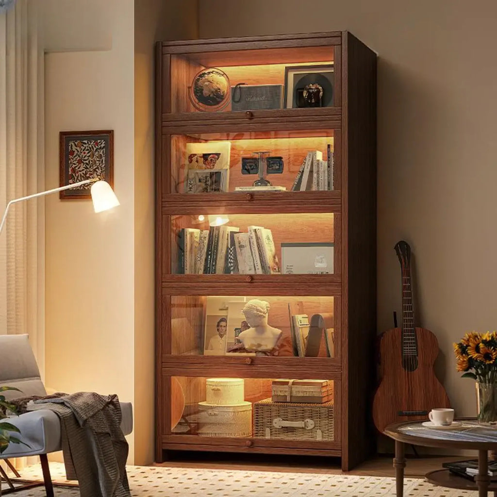 Contemporary Vertical Nut-Brown Wooden 5-Shelf Bookcase
