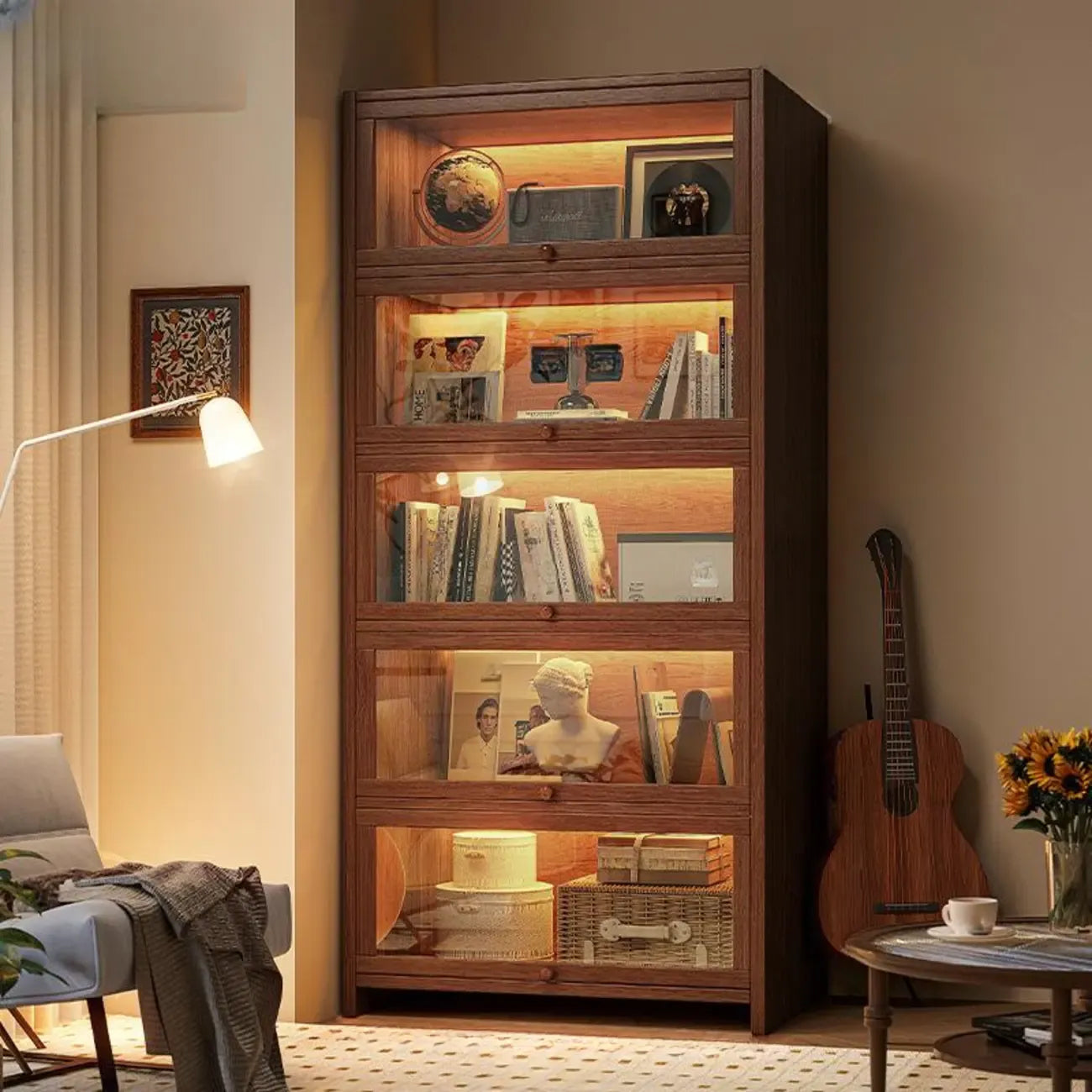 Contemporary Vertical Nut-Brown Wooden 5-Shelf Bookcase