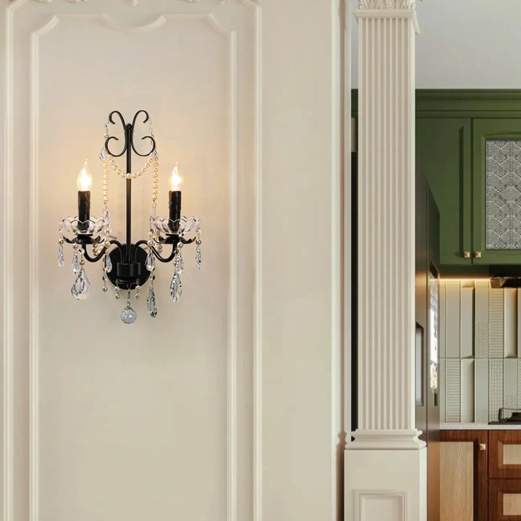 Black Modern 2-Light Candelabra Wall Sconce with Crystal