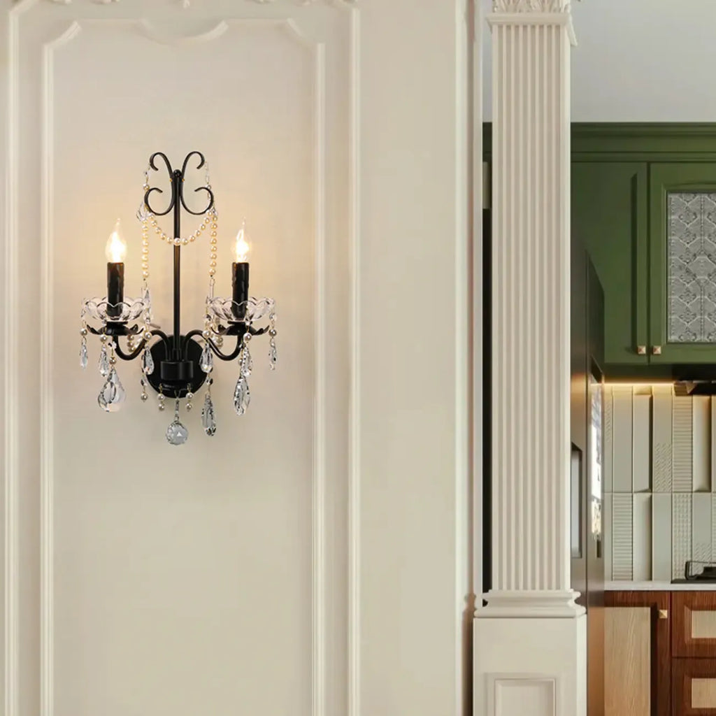 Black Modern 2-Light Candelabra Wall Sconce with Crystal