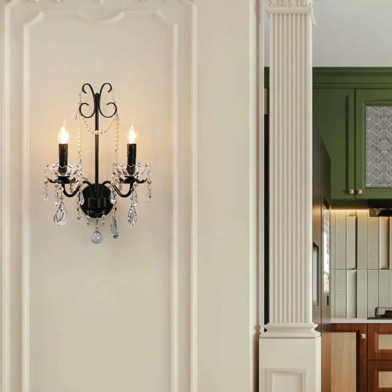 Black Modern 2-Light Candelabra Wall Sconce with Crystal