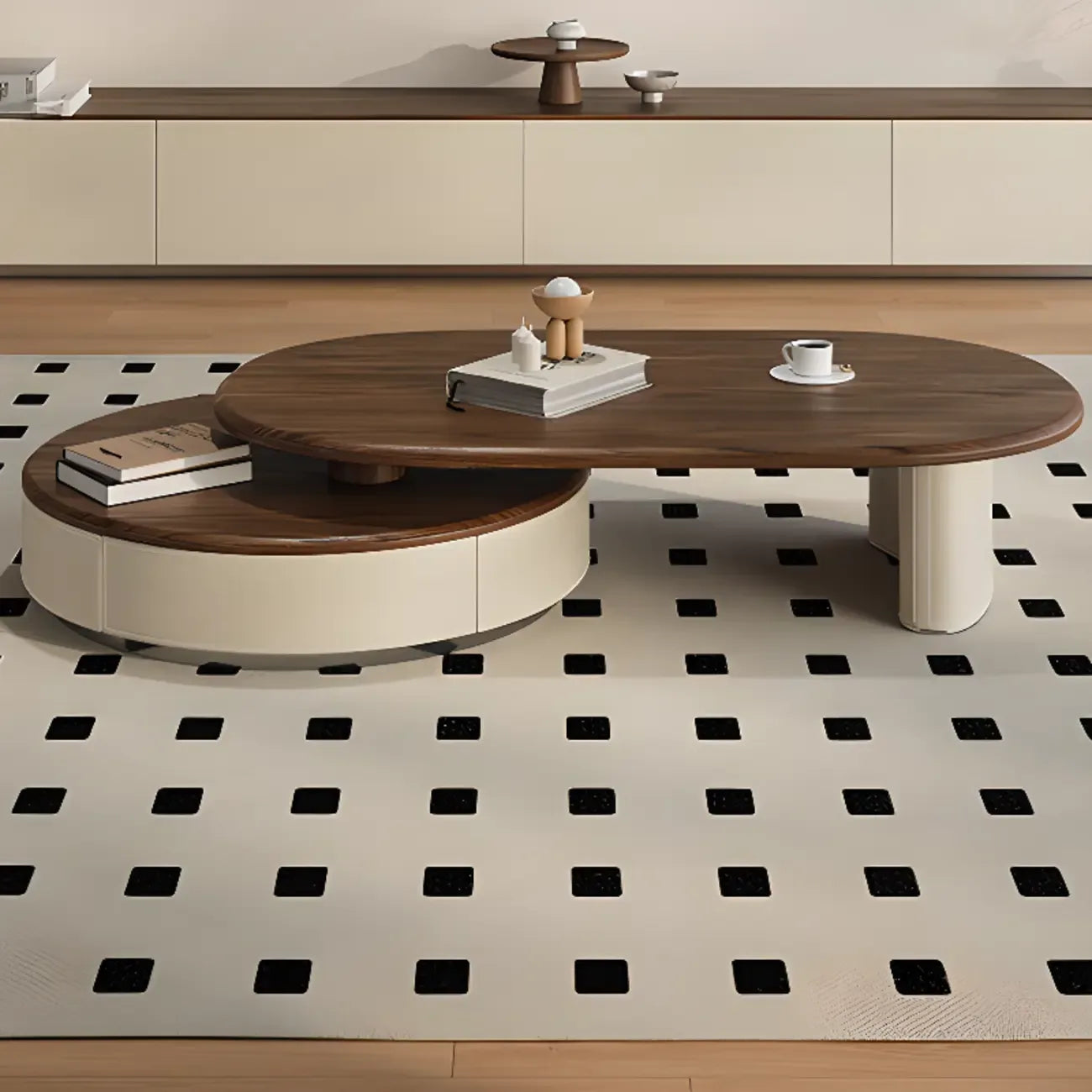 Modern Brown Beige Nest Wooden Rounded Drawer Coffee Table