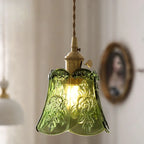 Mini Vintage Green Glass Flower Adjustable Pendant Light
