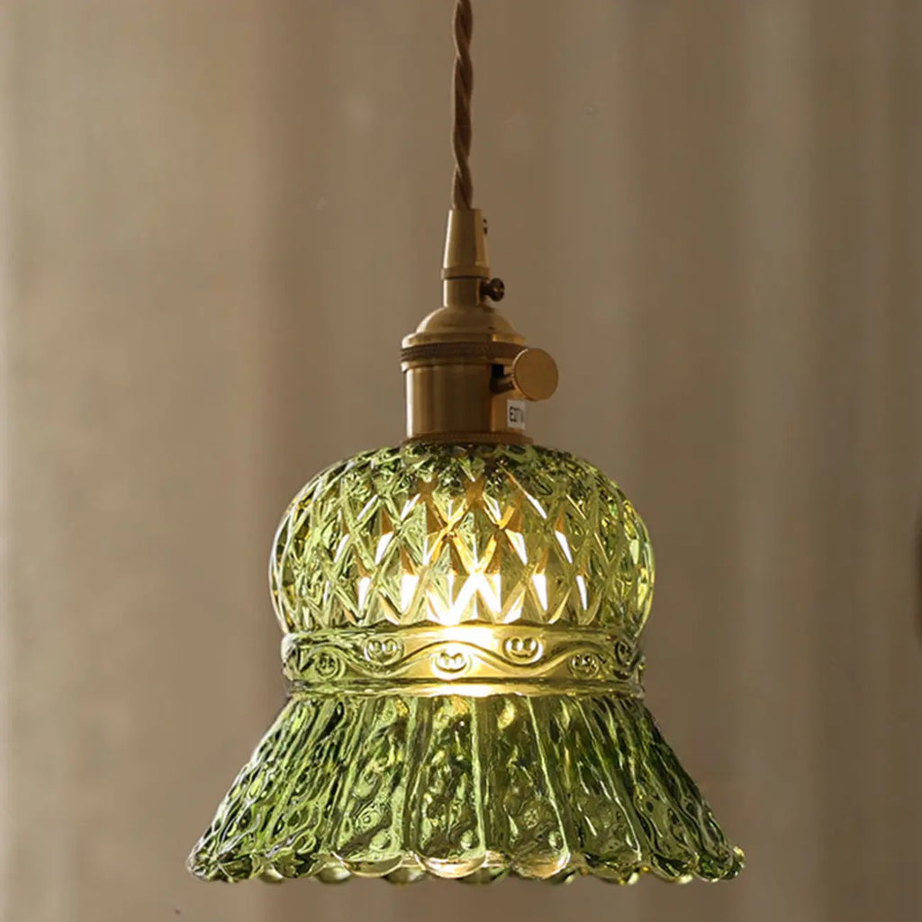 Mini Vintage Green Glass Flower Adjustable Pendant Light