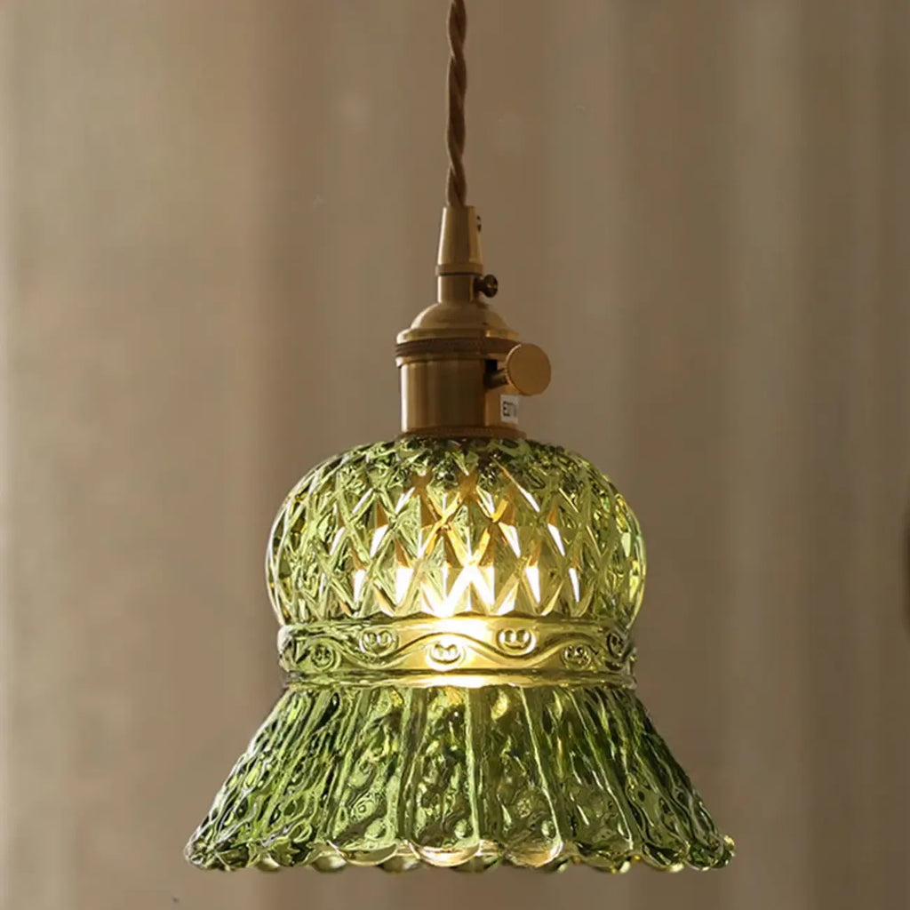 Mini Vintage Green Glass Flower Adjustable Pendant Light