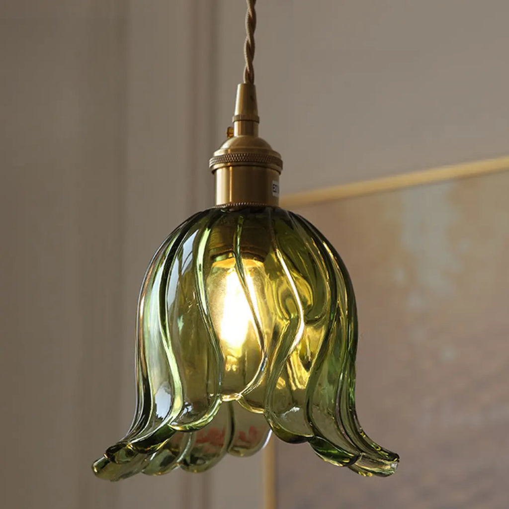 Mini Vintage Green Glass Flower Adjustable Pendant Light