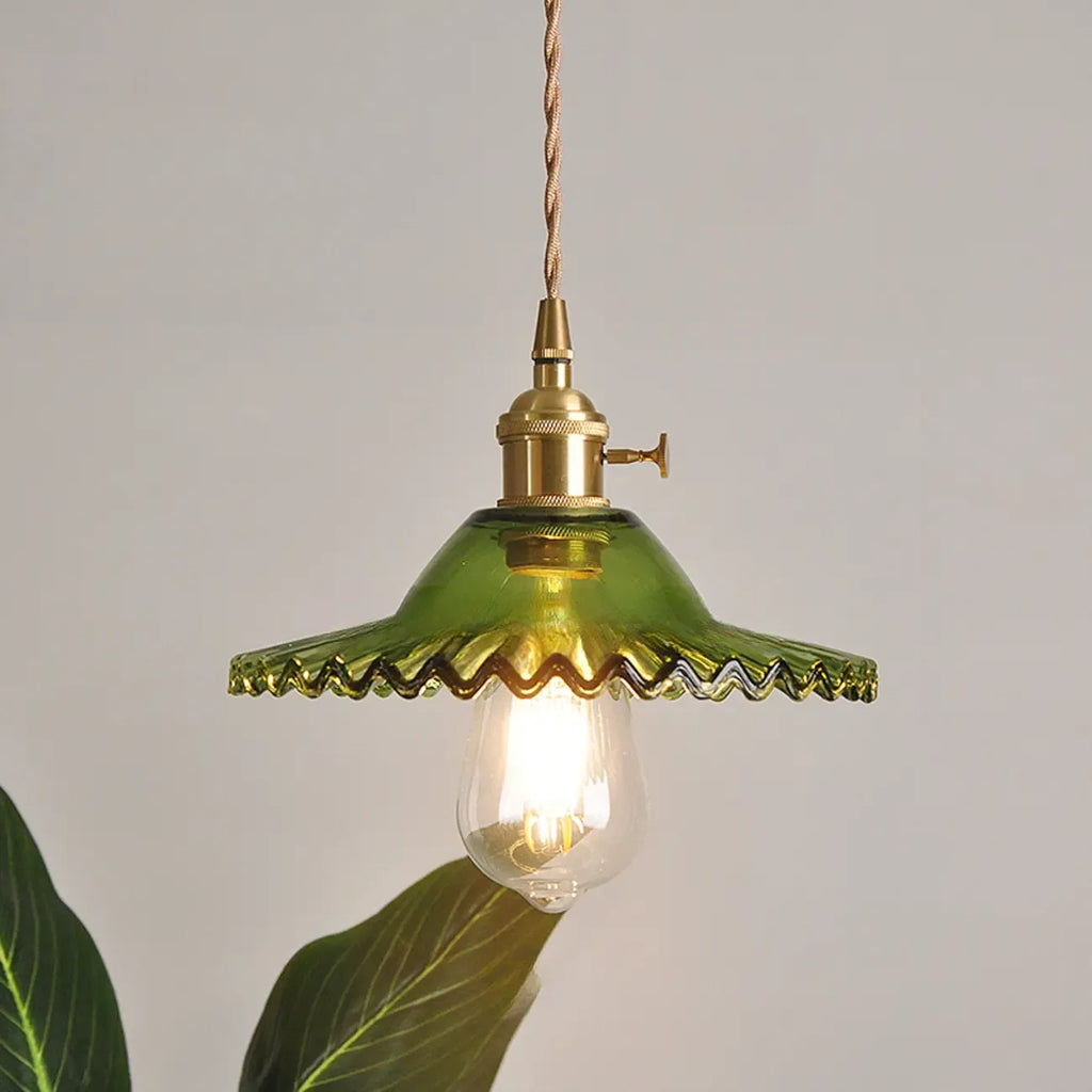 Mini Vintage Green Glass Flower Adjustable Pendant Light