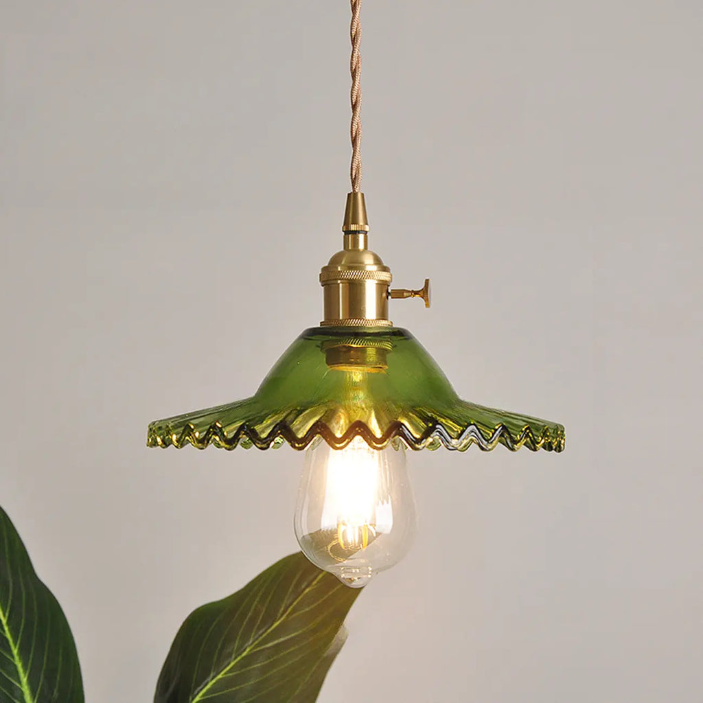Mini Vintage Green Glass Flower Adjustable Pendant Light