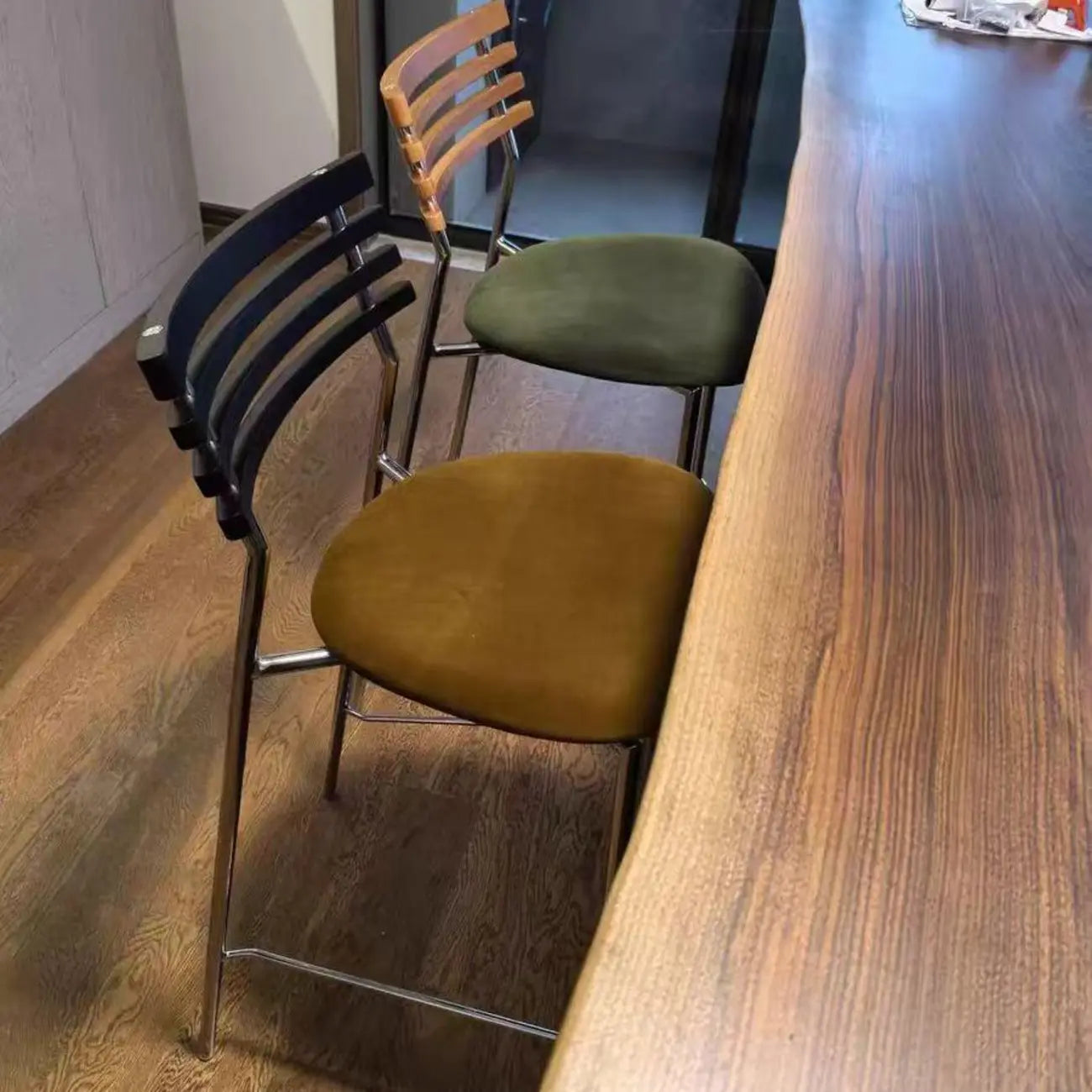 Green Leather Saddle Seat Rattan Back Counter Height Stools