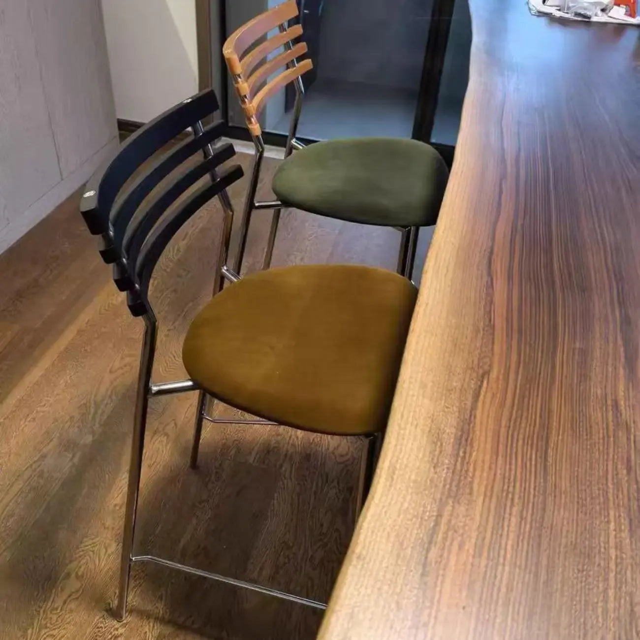Green Leather Saddle Seat Rattan Back Counter Height Stools