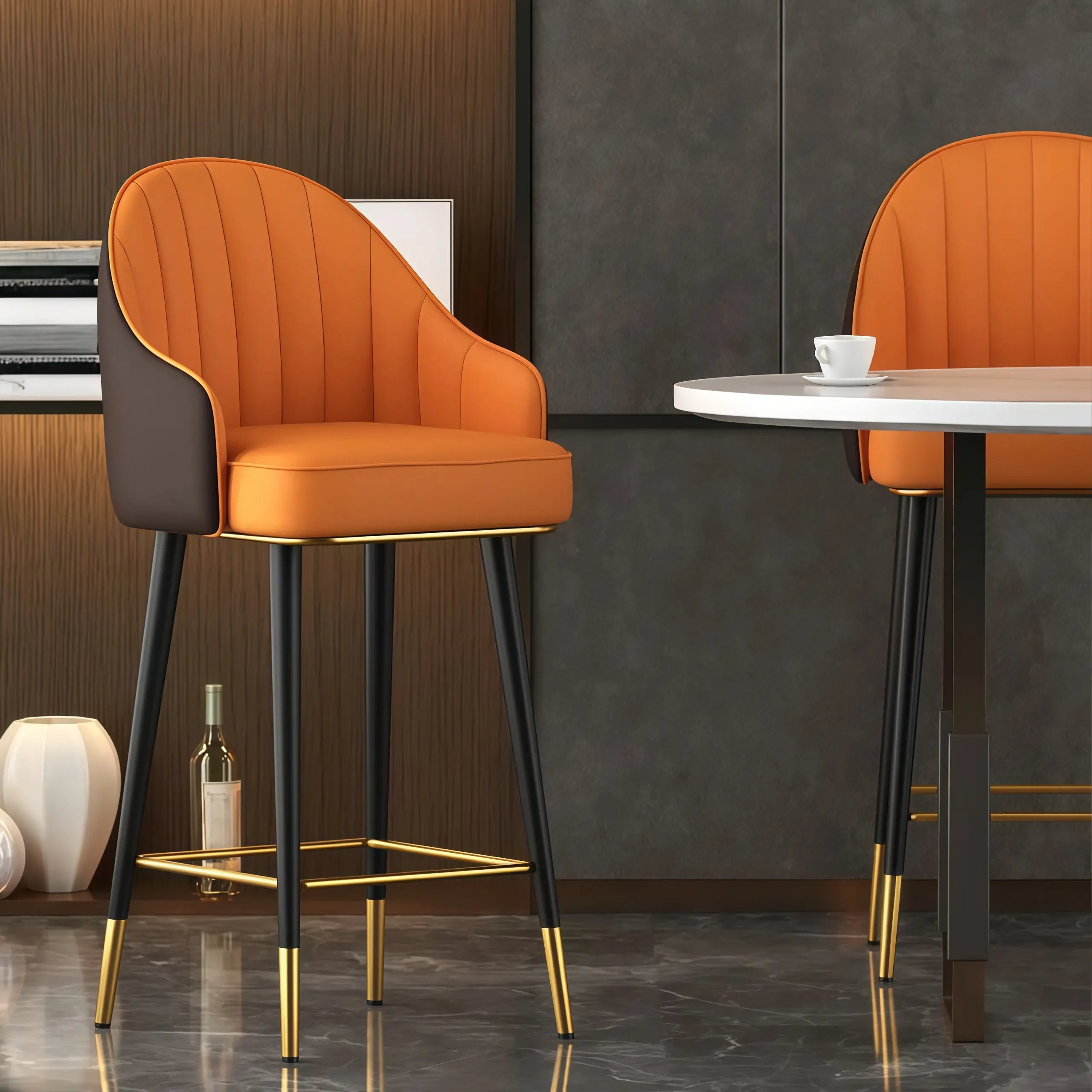Art Deco Leather Bucket Cushioned Bar Stool