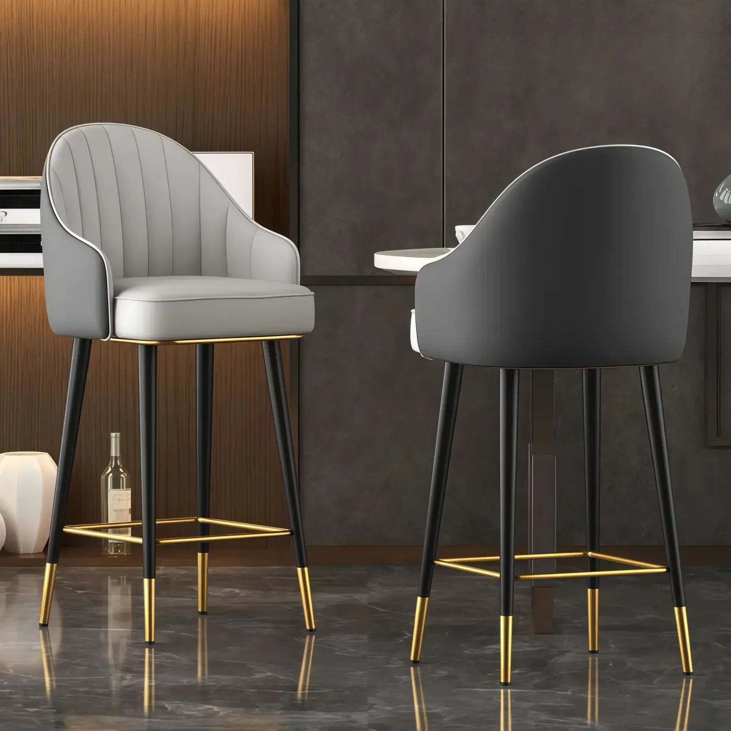 Art Deco Leather Bucket Cushioned Bar Stool