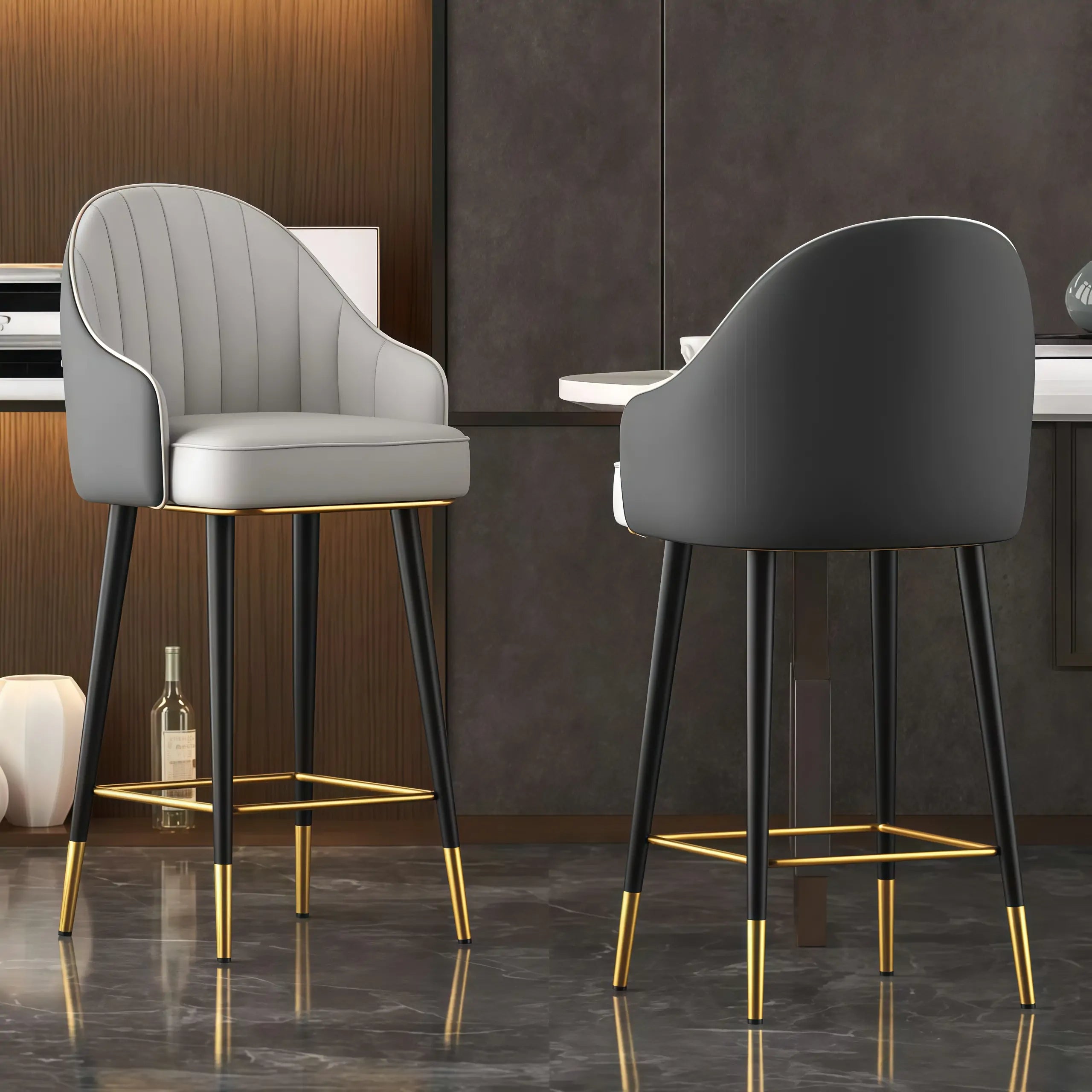 Art Deco Leather Bucket Cushioned Bar Stool