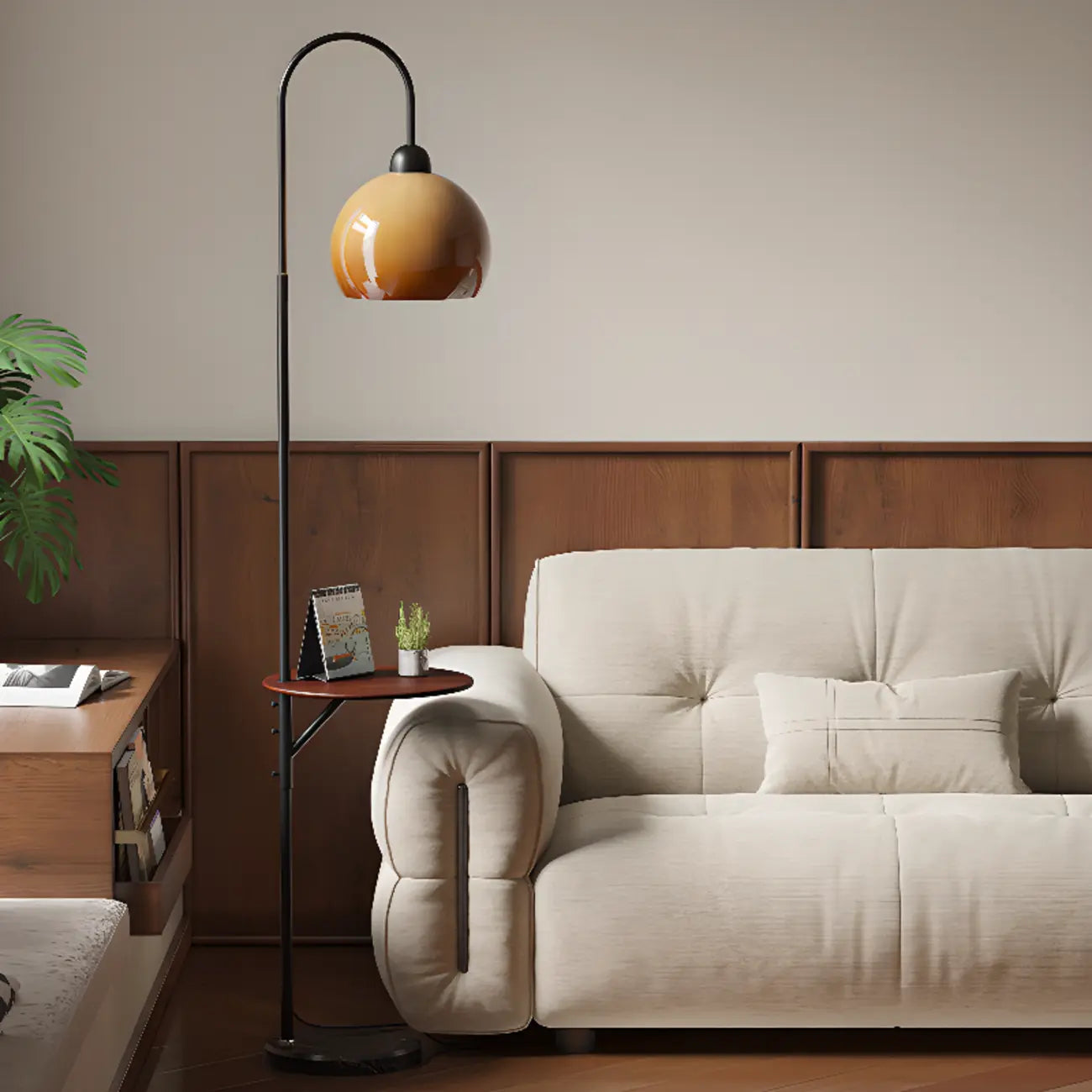 Modern Orange Dome Shade Metal Arc Floor Lamp with Table