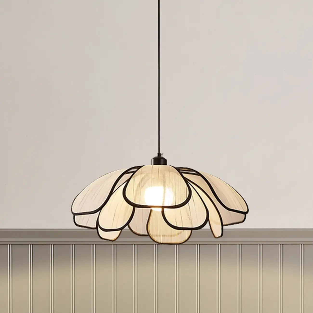 Adjustable Fabric Beige Geometric Pendant Light for Kitchen