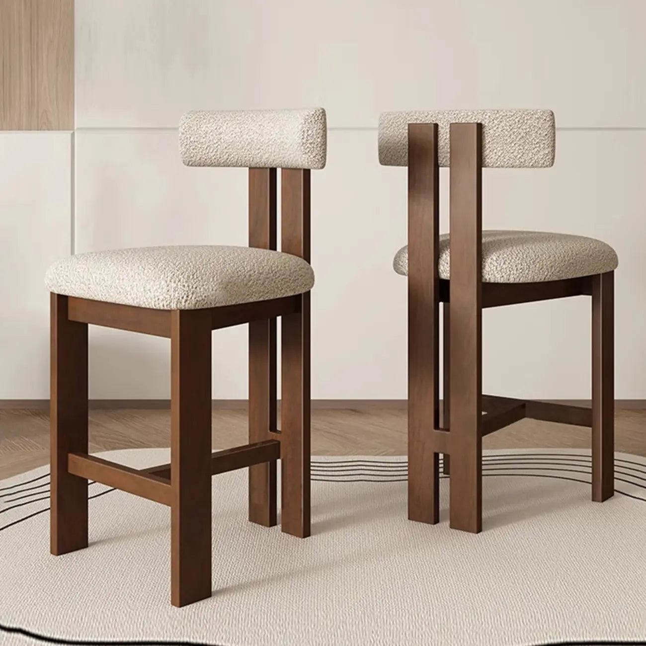 White Boucle Fabric Brown Wood Armless Bar Stools