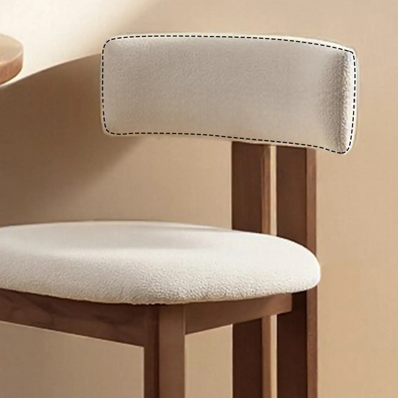 White Boucle Fabric Brown Wood Armless Bar Stools