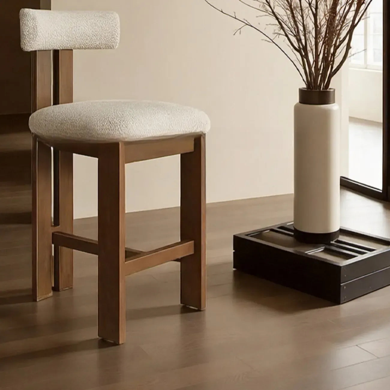 White Boucle Fabric Brown Wood Armless Bar Stools