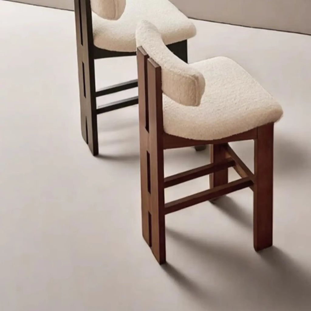 White Boucle Fabric Brown Wood Armless Bar Stools