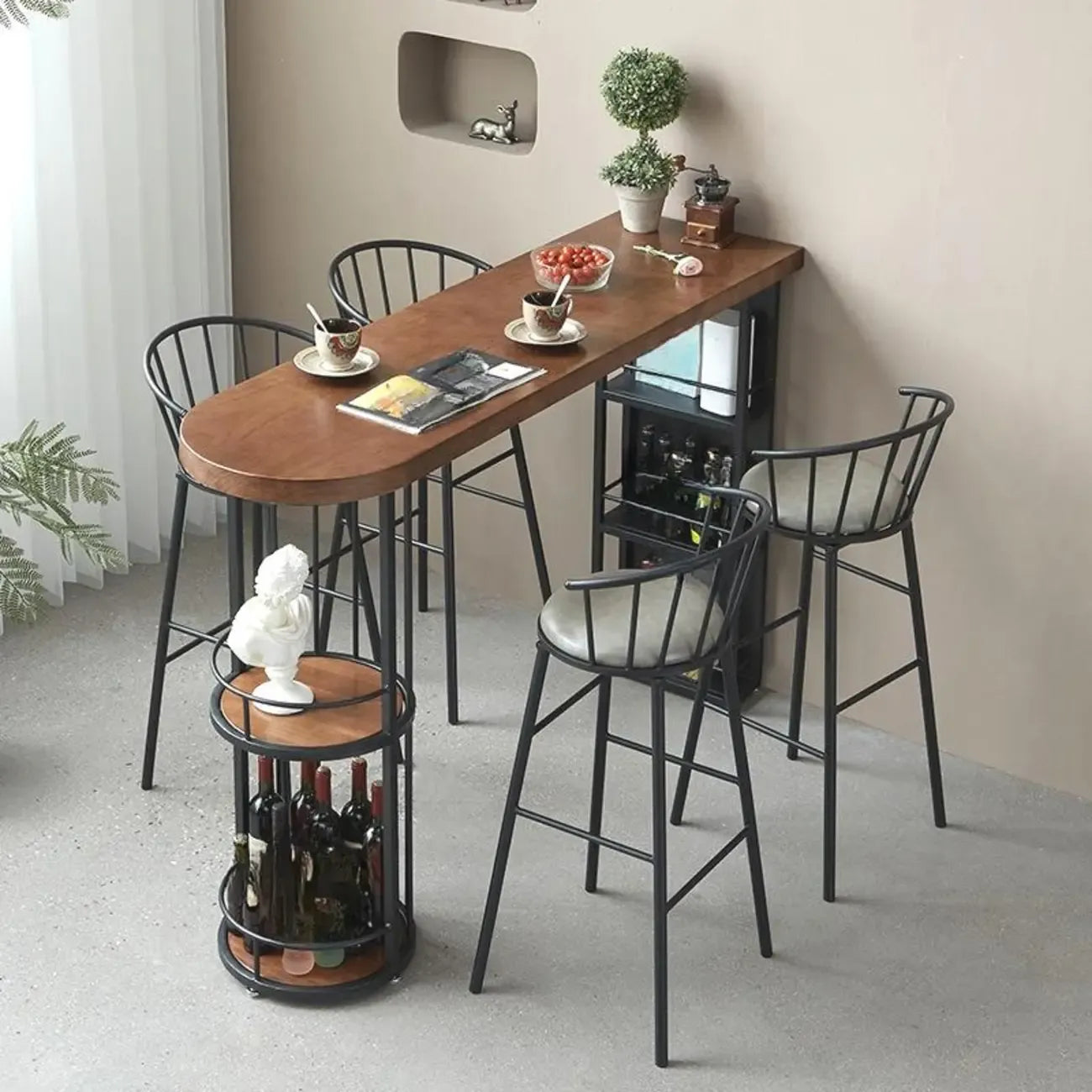 Vintage Brown Wooden Black Iron Shelves Storage Bar Tables