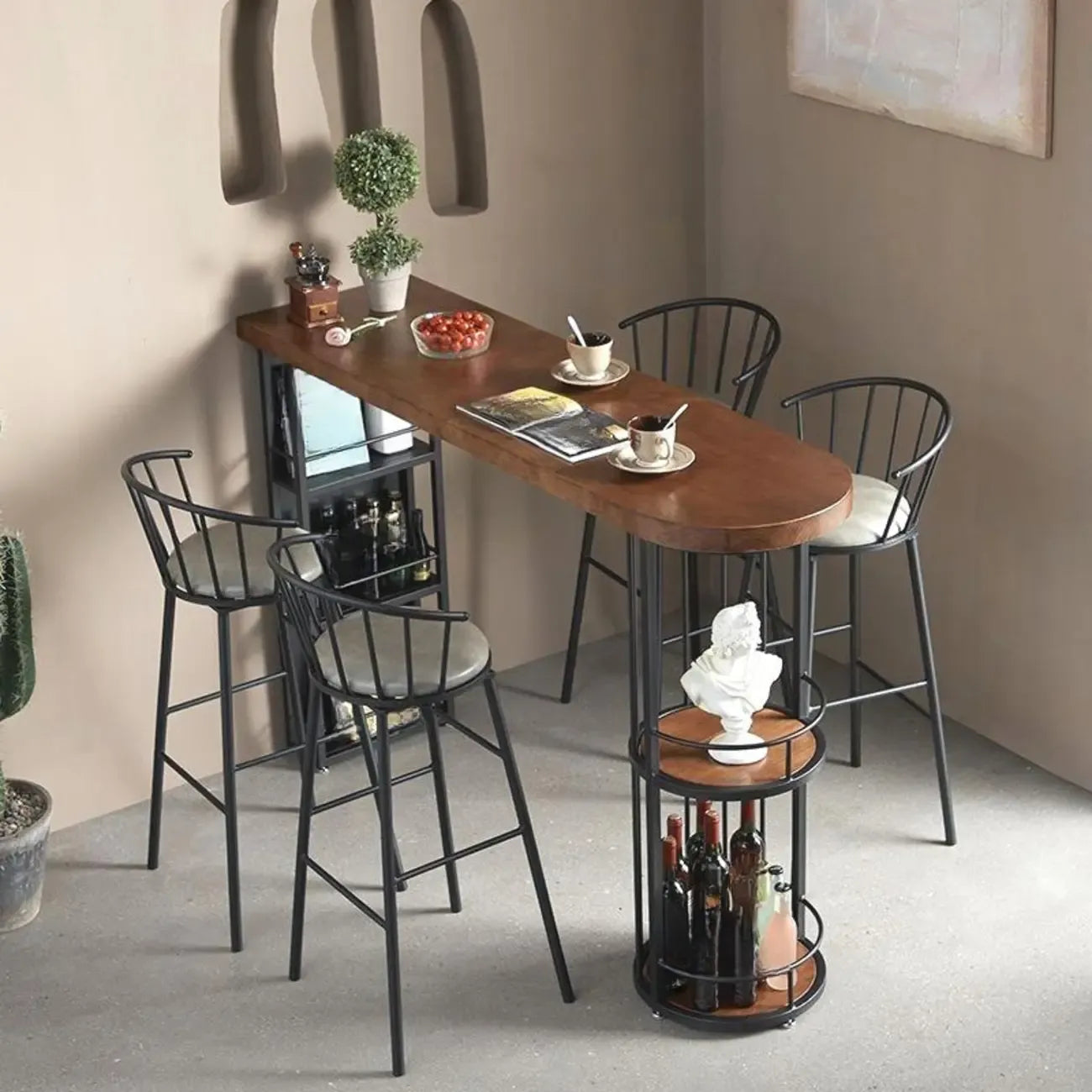 Vintage Brown Wooden Black Iron Shelves Storage Bar Tables