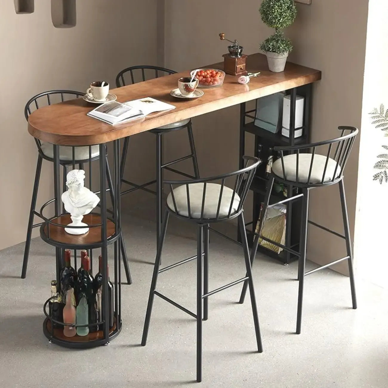 Vintage Brown Wooden Black Iron Shelves Storage Bar Tables