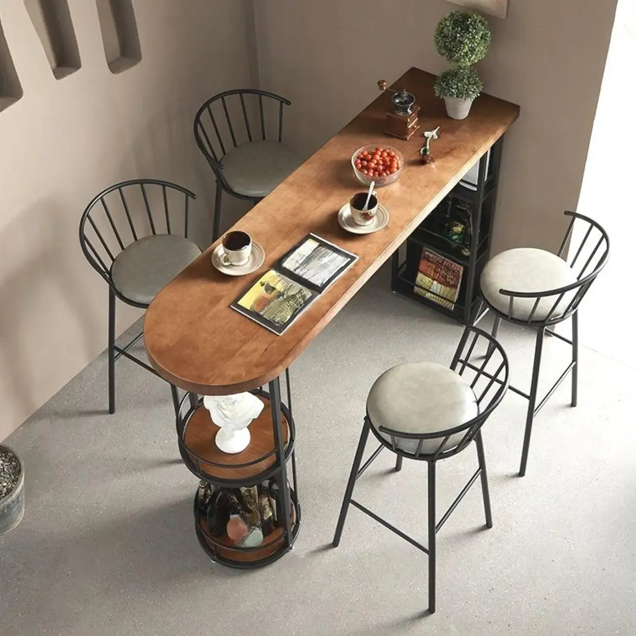 Vintage Brown Wooden Black Iron Shelves Storage Bar Tables