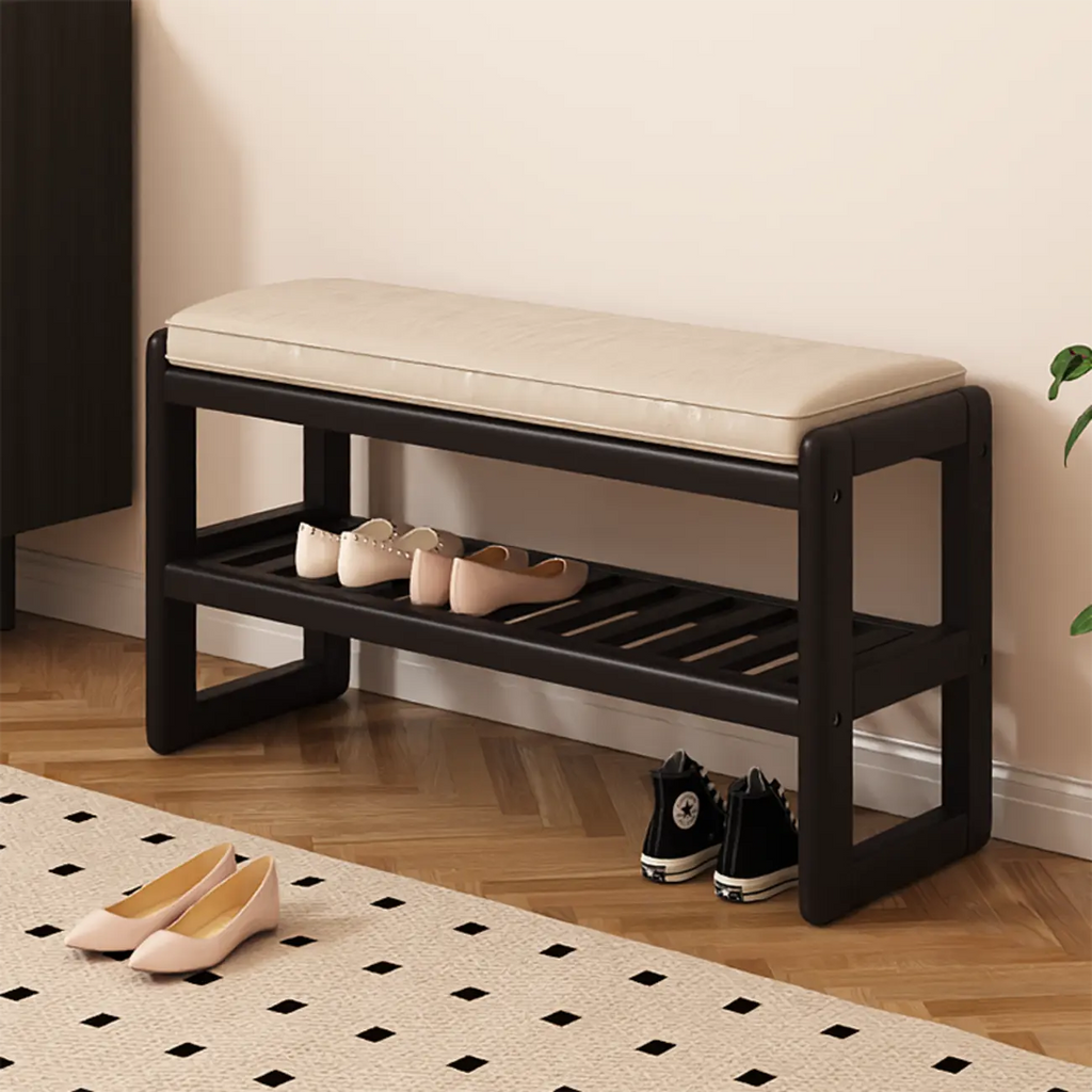 Black Upholstered Wood Frame Entryway Bench with Storage