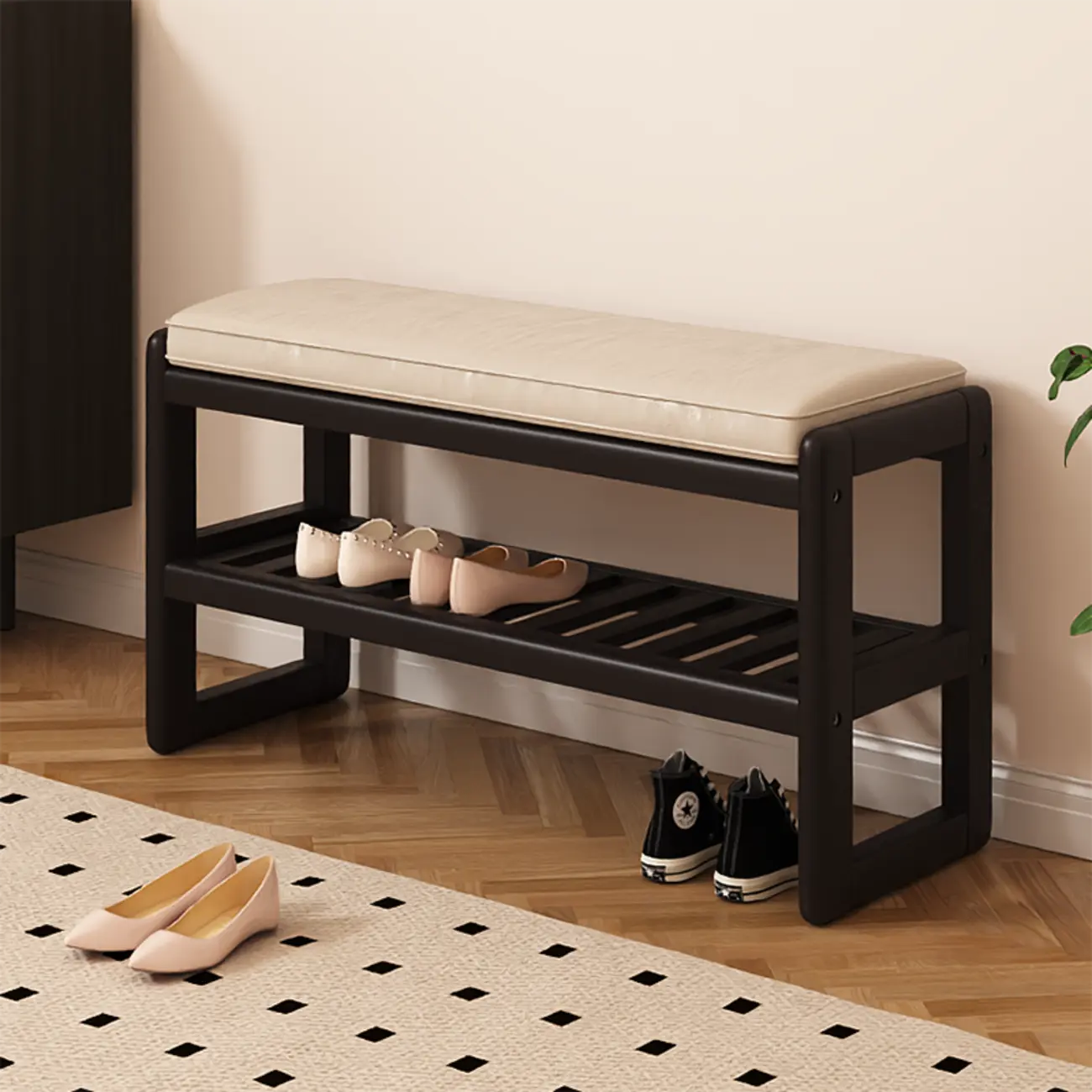 Black Upholstered Wood Frame Entryway Bench with Storage