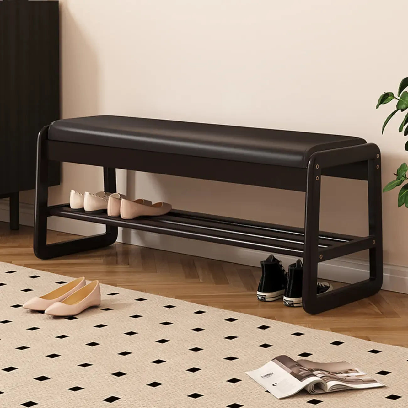 Black Upholstered Wood Frame Entryway Bench with Storage
