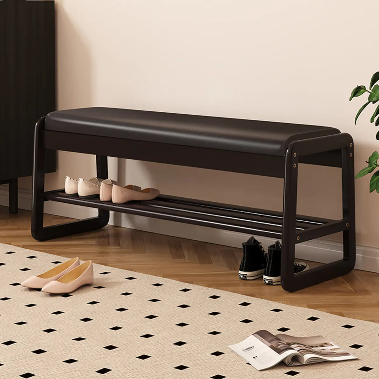 Black Upholstered Wood Frame Entryway Bench with Storage
