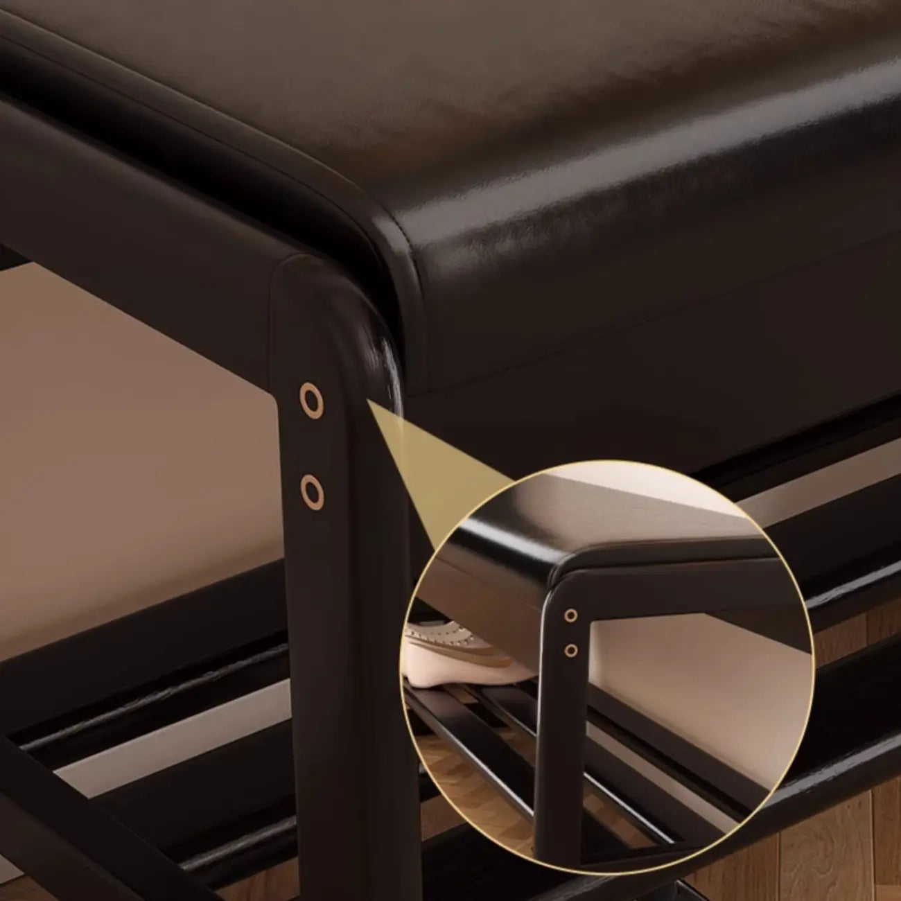 Black Upholstered Wood Frame Entryway Bench with Storage