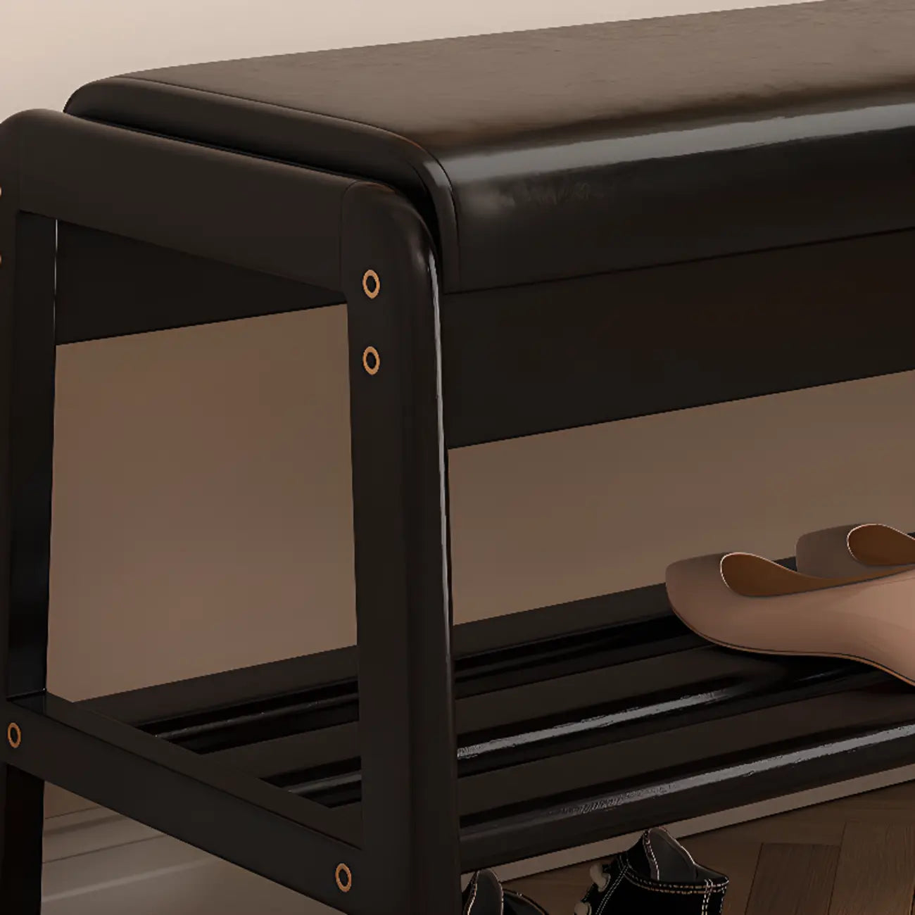Black Upholstered Wood Frame Entryway Bench with Storage