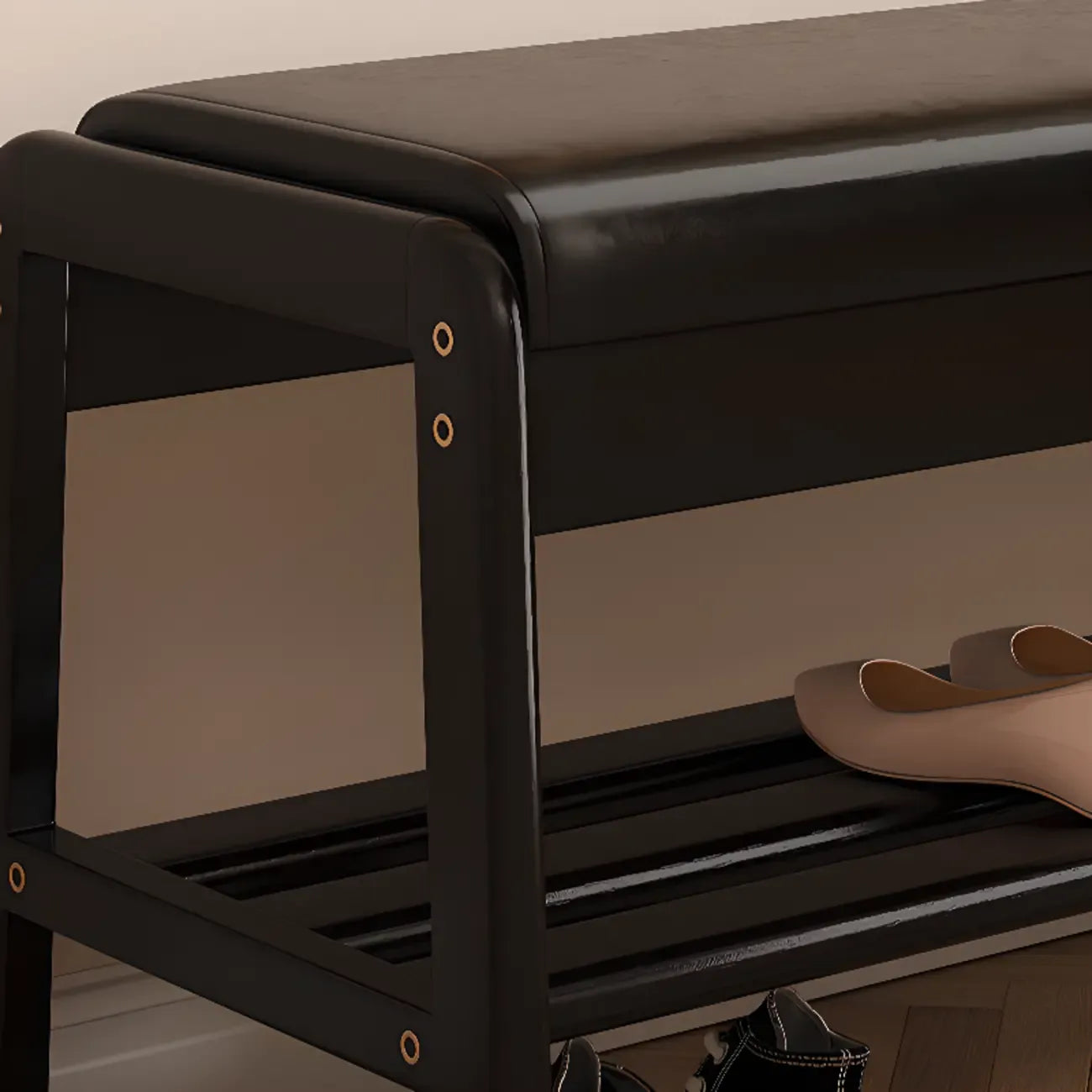 Black Upholstered Wood Frame Entryway Bench with Storage