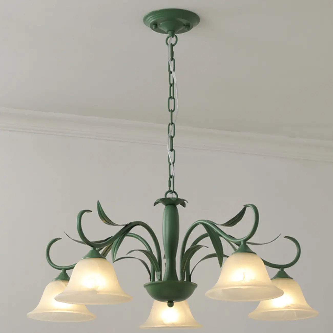 Elegant Bell Glass Shade Nordic Green Metal Chandelier