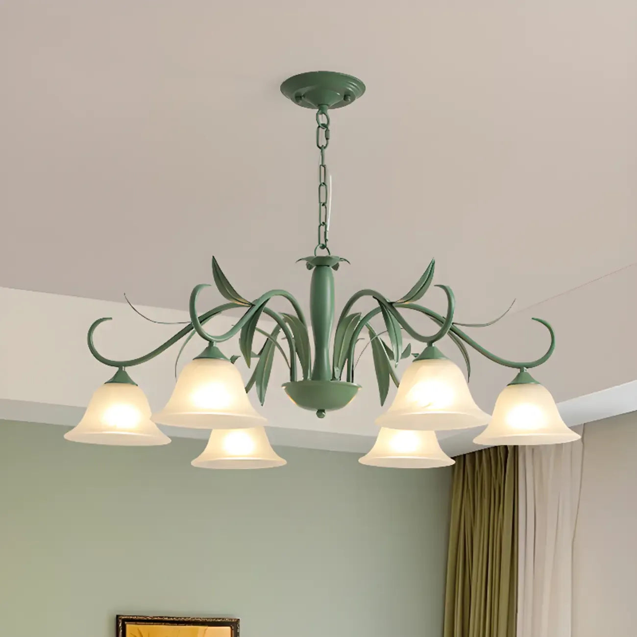 Elegant Bell Glass Shade Nordic Green Metal Chandelier