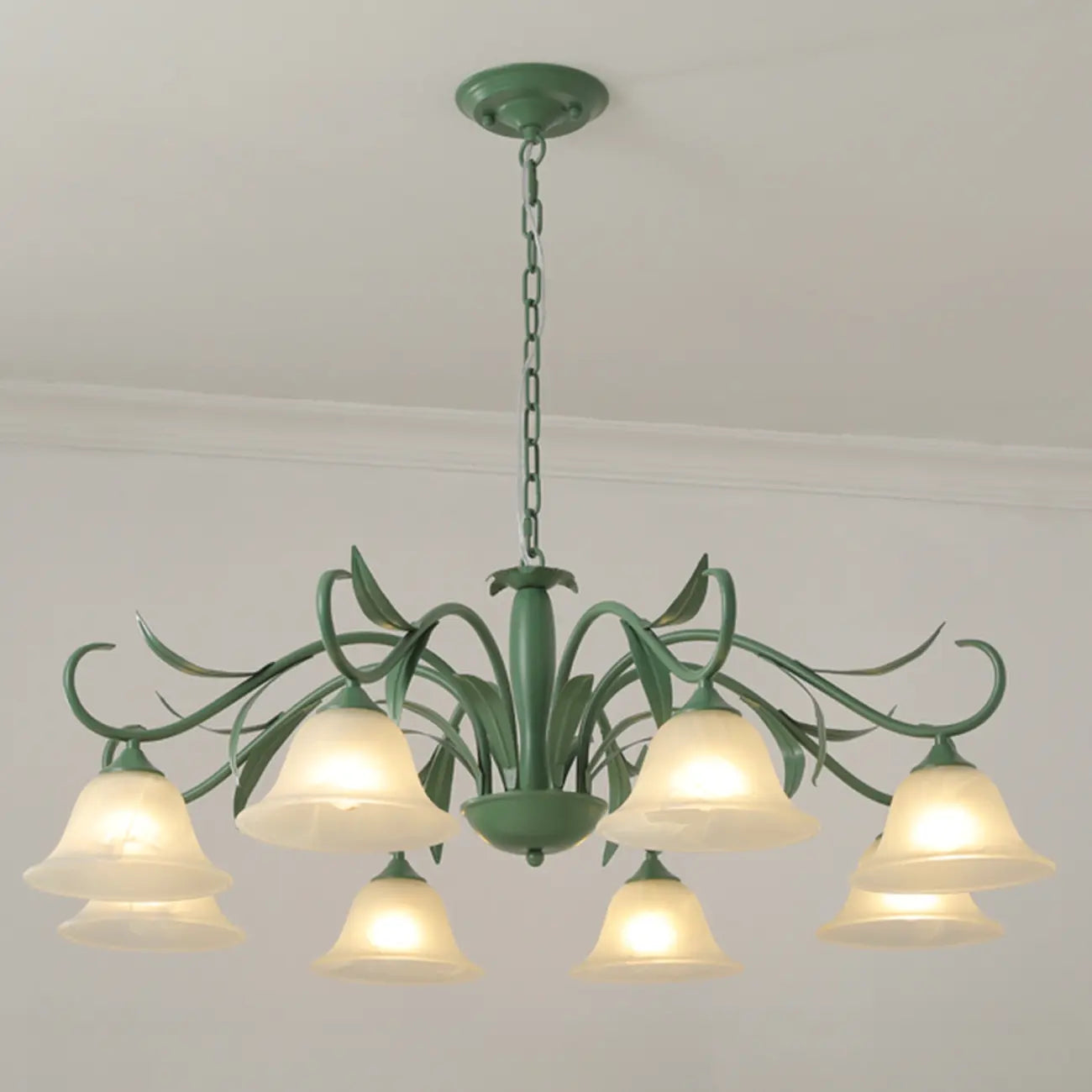 Elegant Bell Glass Shade Nordic Green Metal Chandelier