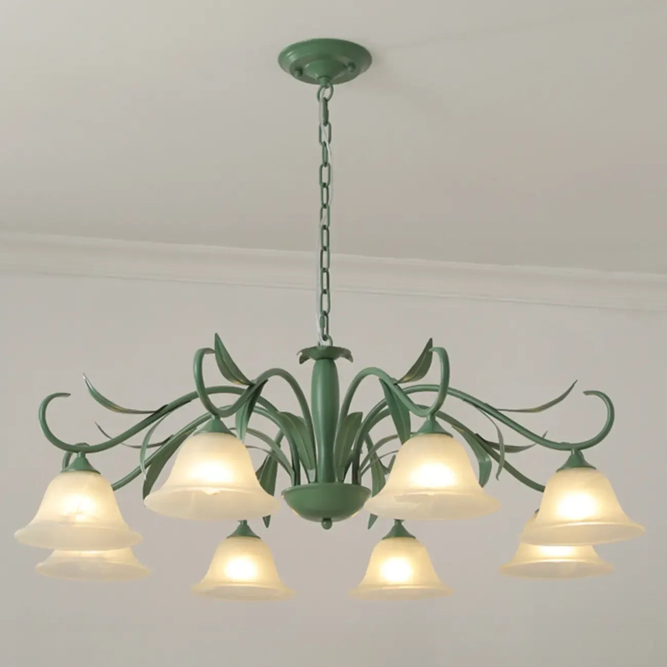 Elegant Bell Glass Shade Nordic Green Metal Chandelier