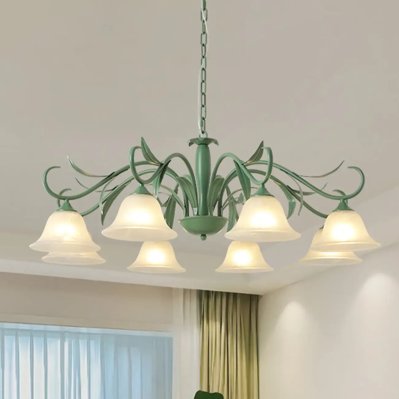 Elegant Bell Glass Shade Nordic Green Metal Chandelier