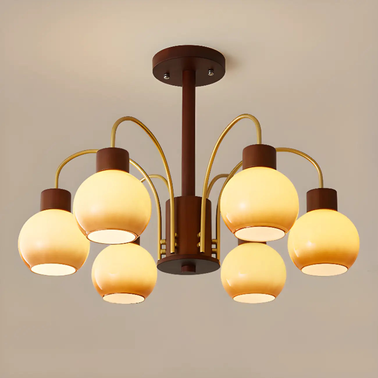 Classic Gold Metal Amber Glass Dome Chandelier