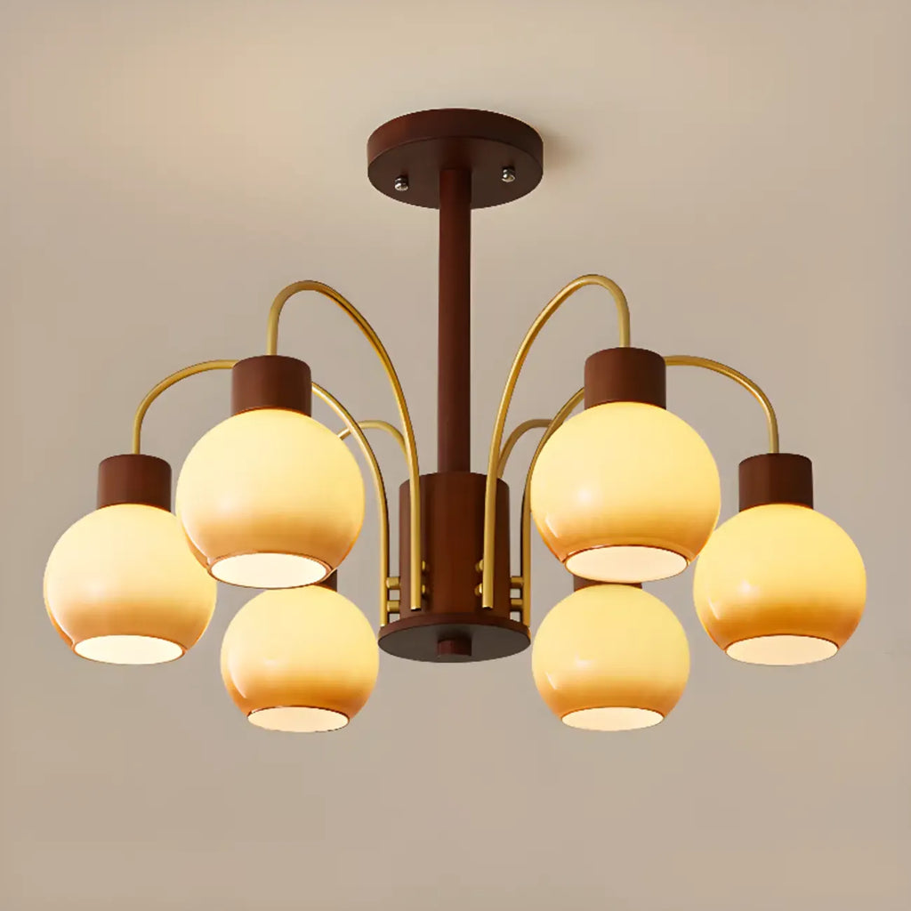 Classic Gold Metal Amber Glass Dome Chandelier