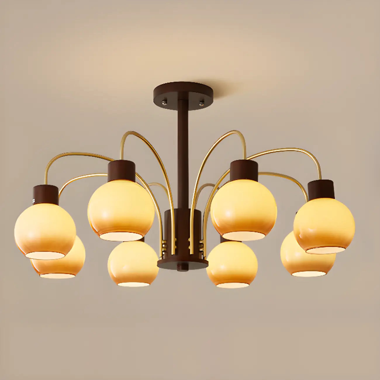 Classic Gold Metal Amber Glass Dome Chandelier