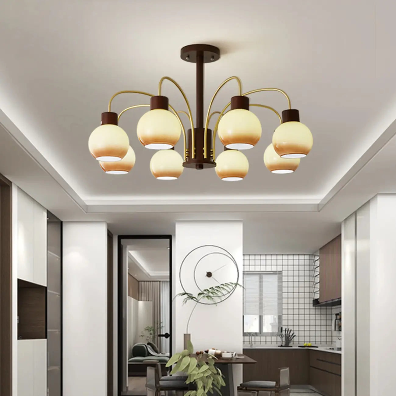 Classic Gold Metal Amber Glass Dome Chandelier