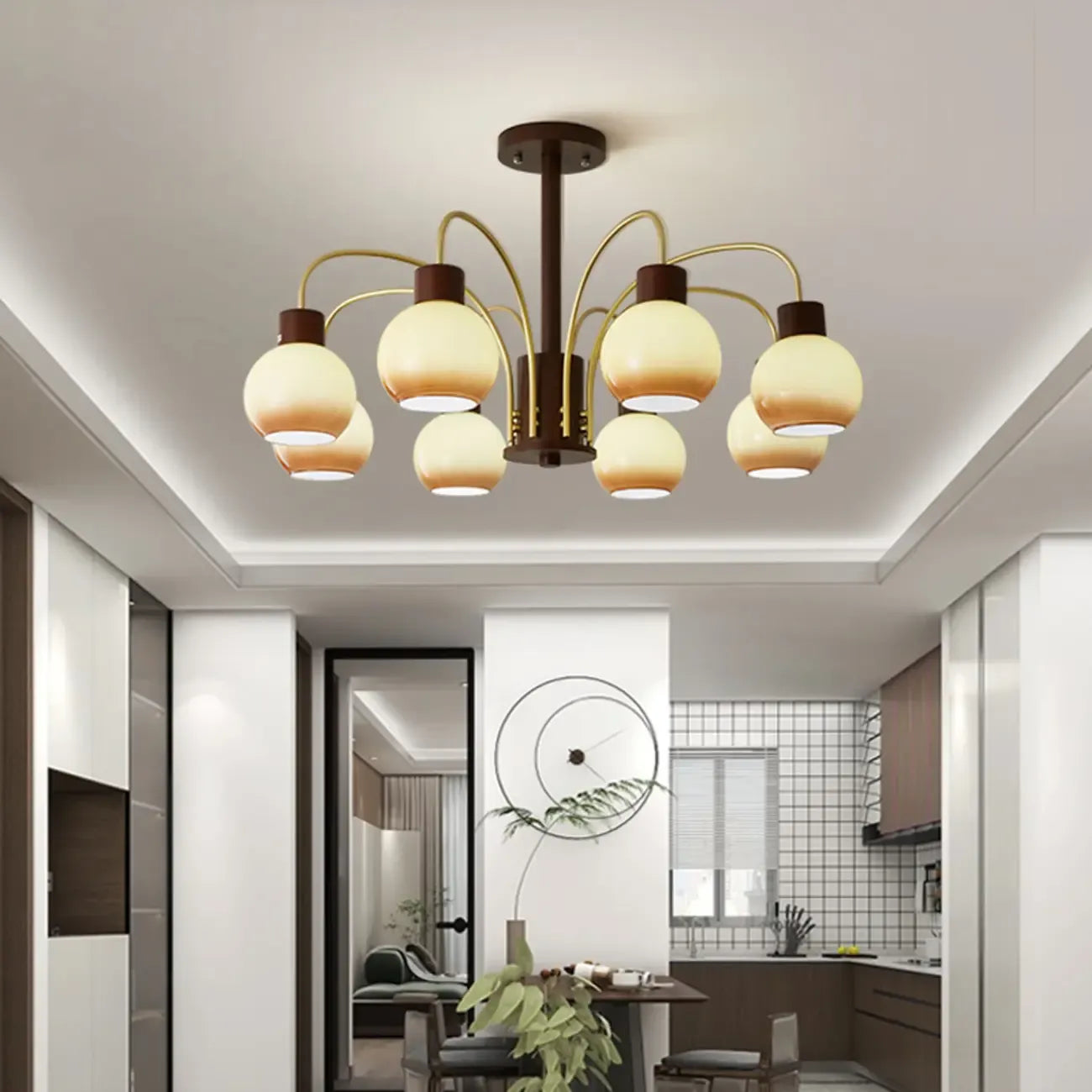 Classic Gold Metal Amber Glass Dome Chandelier